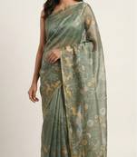 Sage green colour digital deer print cotton erode weaving saree with unstitched blouse