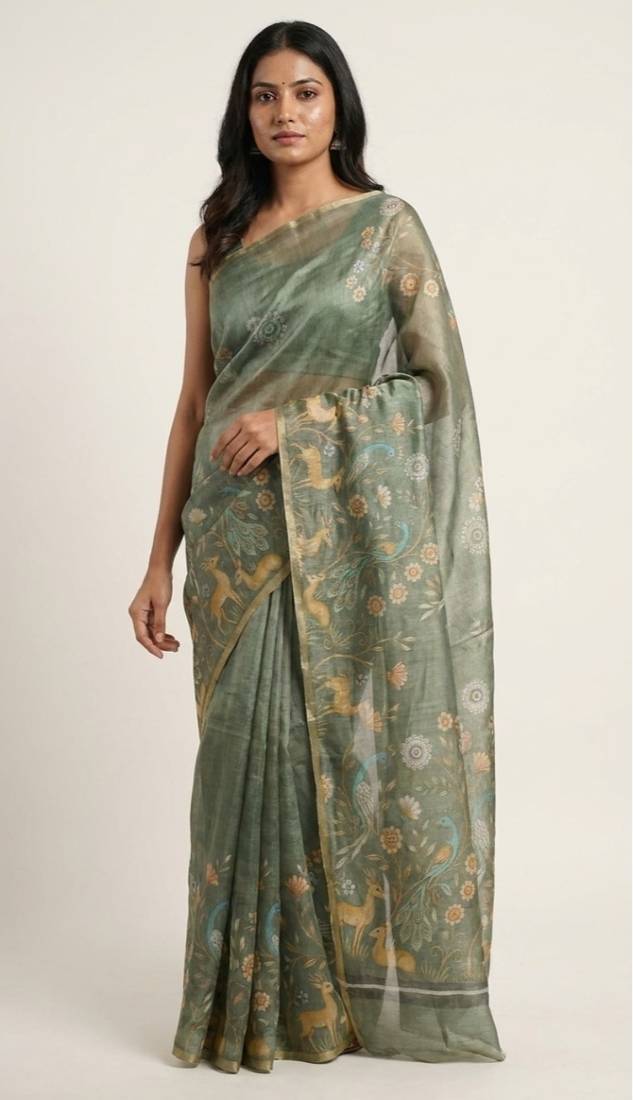 Sage green colour digital deer print cotton erode weaving saree with unstitched blouse