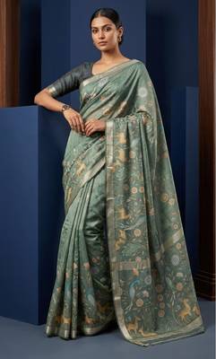 Sage green colour digital deer print cotton erode weaving saree with unstitched blouse 2