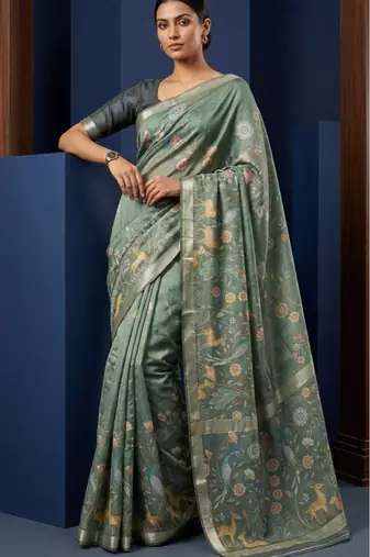 Sage green colour digital deer print cotton erode weaving saree with unstitched blouse