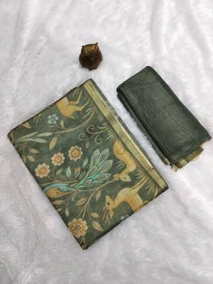 Sage green colour digital deer print cotton erode weaving saree with unstitched blouse 3