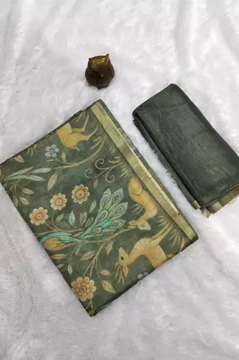 Sage green colour digital deer print cotton erode weaving saree with unstitched blouse
