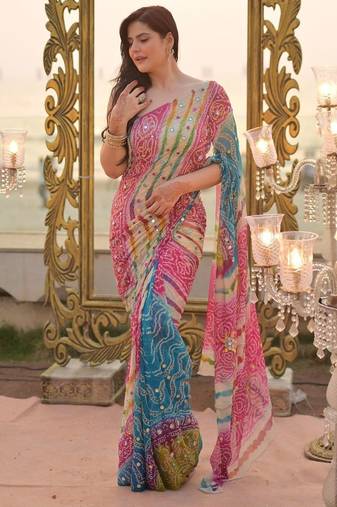 Zareen khan inspired bandhani leheriya tebby silk pink saree with mirror work