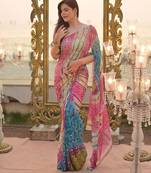 Zareen khan inspired bandhani leheriya tebby silk pink saree with mirror work