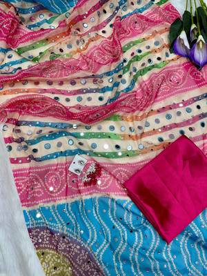 Zareen khan inspired bandhani leheriya tebby silk pink saree with mirror work 3
