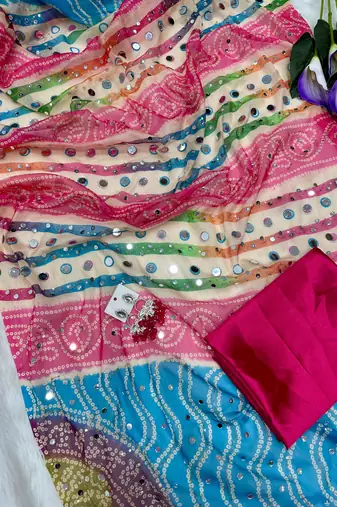 Zareen khan inspired bandhani leheriya tebby silk pink saree with mirror work