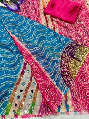 Zareen khan inspired bandhani leheriya tebby silk pink saree with mirror work 4