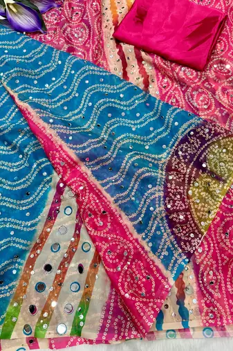 Zareen khan inspired bandhani leheriya tebby silk pink saree with mirror work