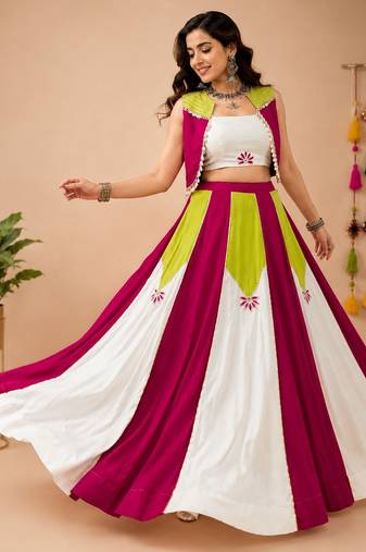 White color Rayon navratri Lehenga Choli with Koti & Gota Patti Work