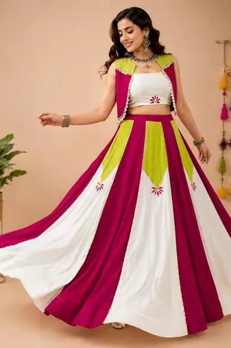 White color Rayon navratri Lehenga Choli with Koti & Gota Patti Work