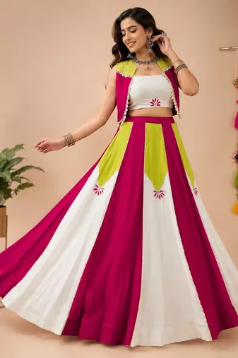 White color Rayon navratri Lehenga Choli with Koti & Gota Patti Work