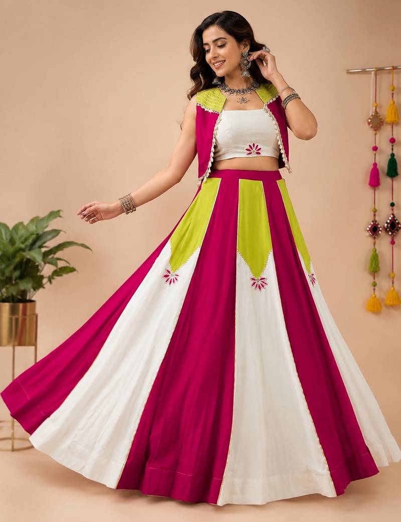 White color Rayon navratri Lehenga Choli with Koti & Gota Patti Work