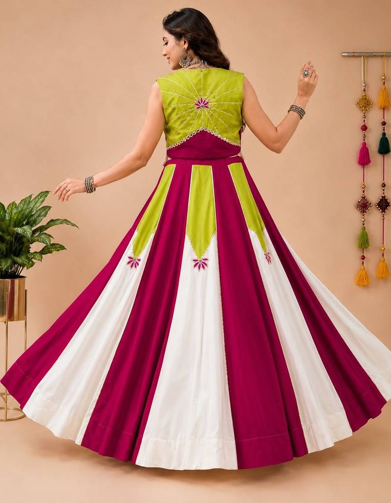 White color Rayon navratri Lehenga Choli with Koti & Gota Patti Work
