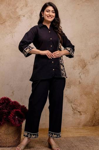 Women's Black Embroidered Shirt Palazzo Co-Ord Set | Premium Casual & Office Wear