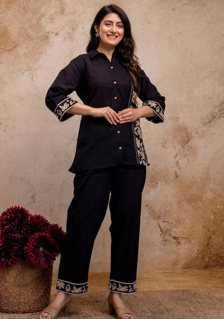 Women's Black Embroidered Shirt Palazzo Co-Ord Set | Premium Casual & Office Wear