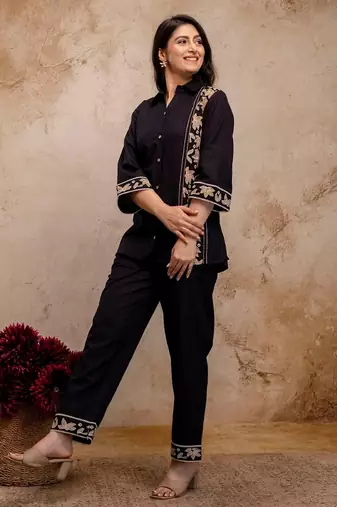Women's Black Embroidered Shirt Palazzo Co-Ord Set | Premium Casual & Office Wear