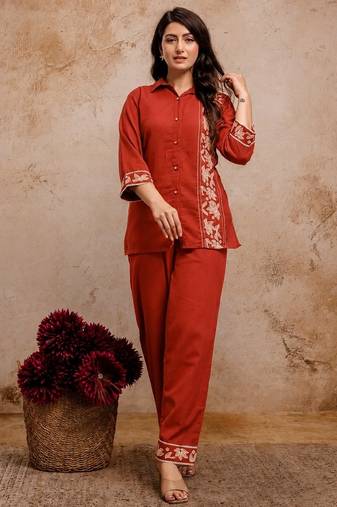 Women's Rust Embroidered Shirt Palazzo Co-Ord Set | Premium Casual & Office Wear