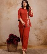Women's Rust Embroidered Shirt Palazzo Co-Ord Set | Premium Casual & Office Wear