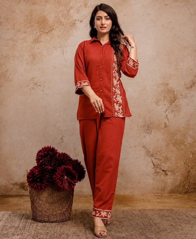 Women's Rust Embroidered Shirt Palazzo Co-Ord Set | Premium Casual & Office Wear