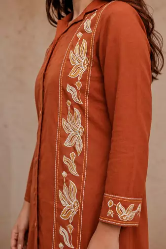 Women's Rust Embroidered Shirt Palazzo Co-Ord Set | Premium Casual & Office Wear