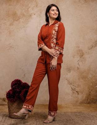 Women's Rust Embroidered Shirt Palazzo Co-Ord Set | Premium Casual & Office Wear 3