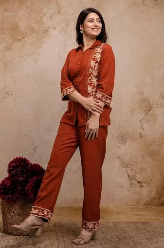 Women's Rust Embroidered Shirt Palazzo Co-Ord Set | Premium Casual & Office Wear