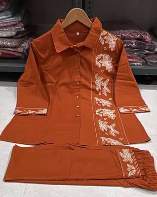 Women's Rust Embroidered Shirt Palazzo Co-Ord Set | Premium Casual & Office Wear 4