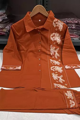 Women's Rust Embroidered Shirt Palazzo Co-Ord Set | Premium Casual & Office Wear