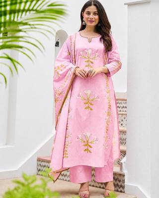 Women's Pink Floral Printed Kurta Pant Dupatta Set | Elegant Ethnic Wear Suit Set 1