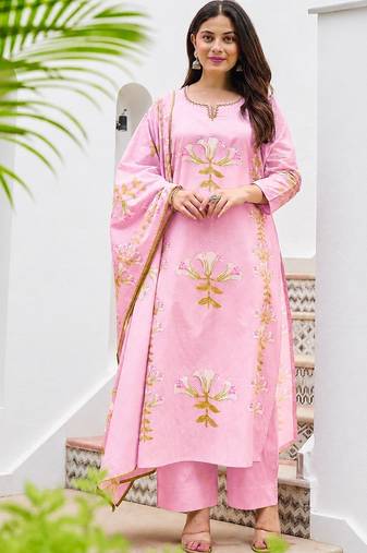 Women's Pink Floral Printed Kurta Pant Dupatta Set | Elegant Ethnic Wear Suit Set