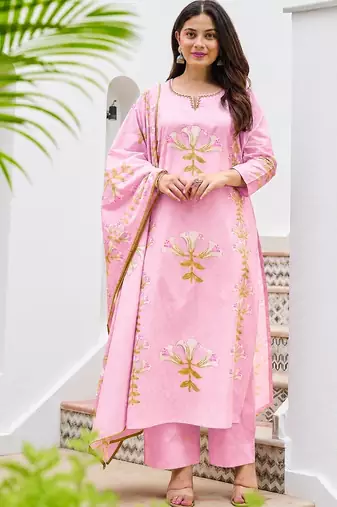 Women's Pink Floral Printed Kurta Pant Dupatta Set | Elegant Ethnic Wear Suit Set