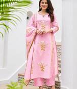 Women's Pink Floral Printed Kurta Pant Dupatta Set | Elegant Ethnic Wear Suit Set