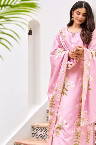 Women's Pink Floral Printed Kurta Pant Dupatta Set | Elegant Ethnic Wear Suit Set