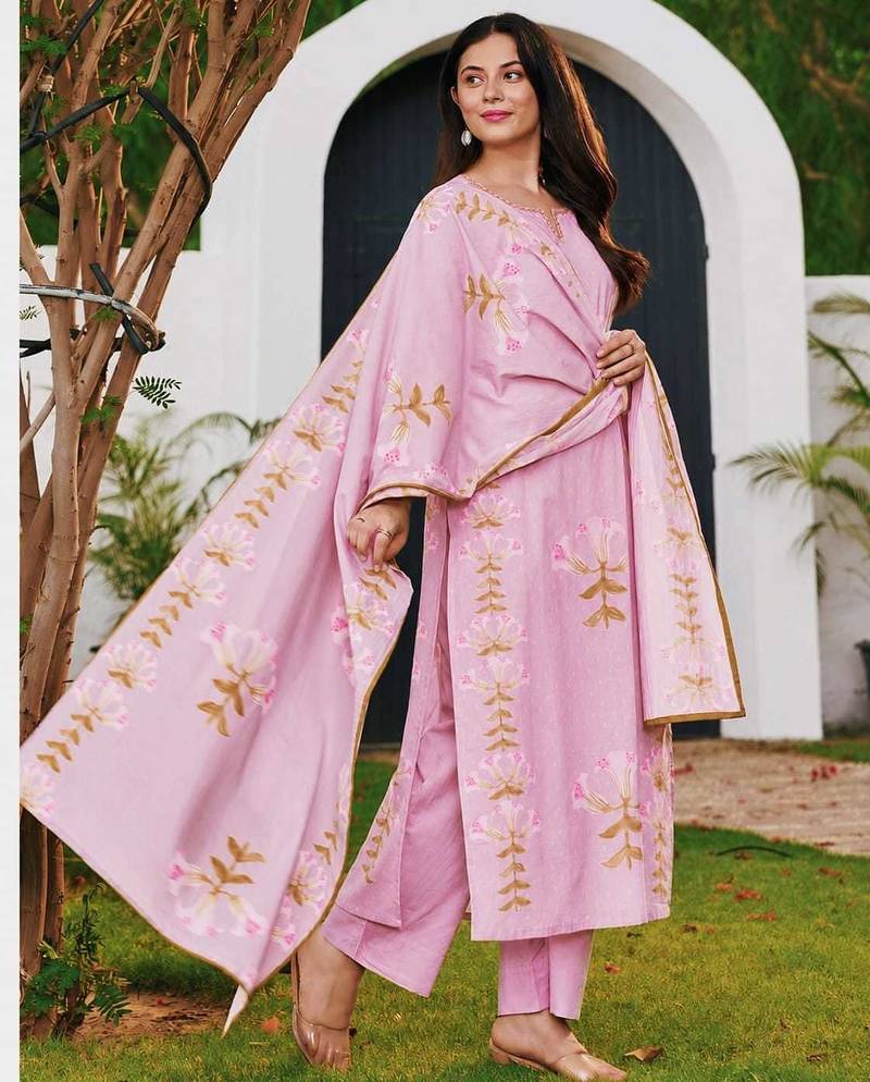 Women's Pink Floral Printed Kurta Pant Dupatta Set | Elegant Ethnic Wear Suit Set