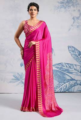 Pink satin poly silk printed all-seasons-sarees 1