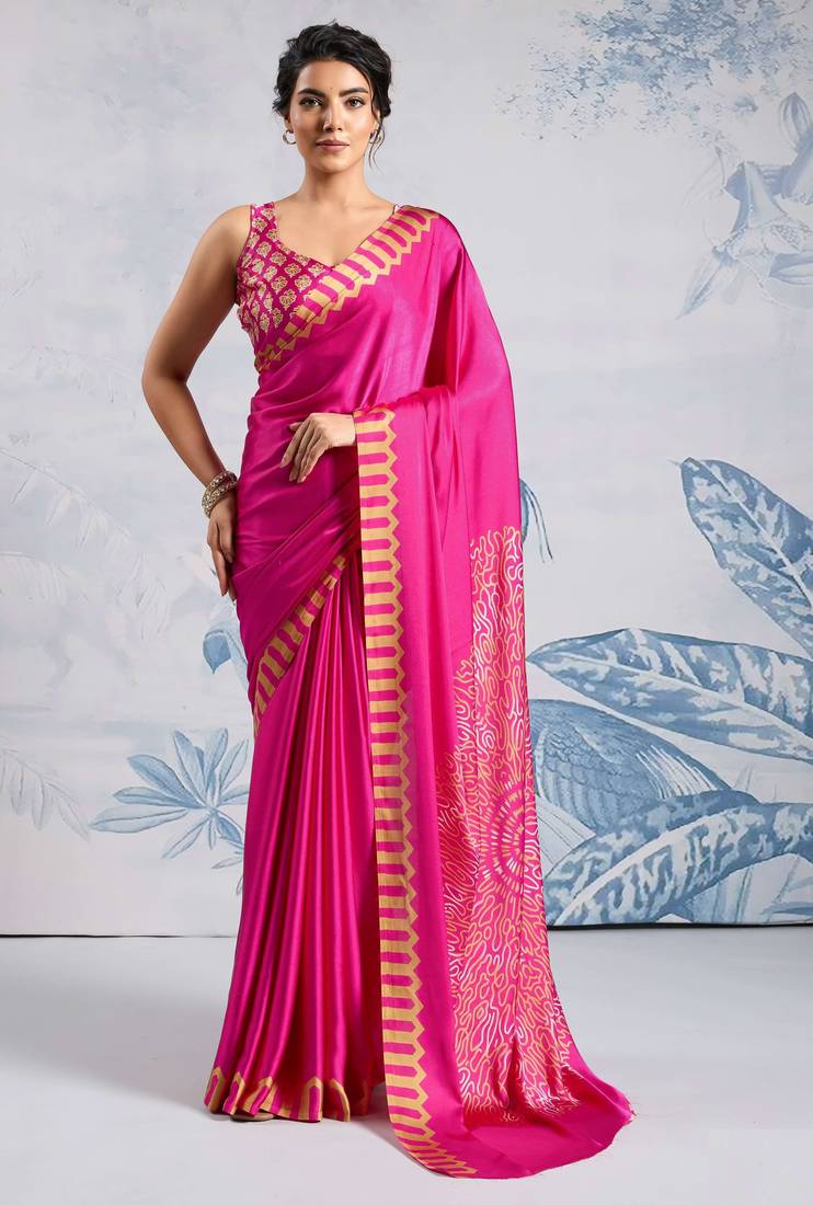 Pink satin poly silk printed all-seasons-sarees
