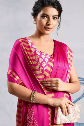 Pink satin poly silk printed all-seasons-sarees