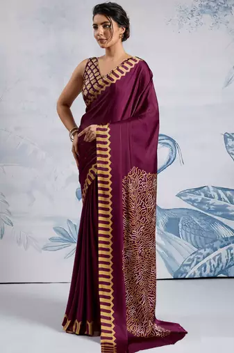Purple satin poly silk printed all-seasons-sarees