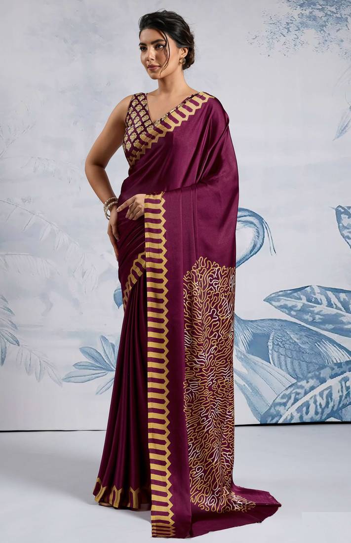Purple satin poly silk printed all-seasons-sarees