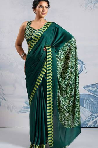 Dark green satin poly silk printed bollywood-sarees