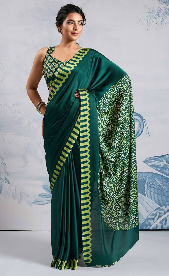 Dark green satin poly silk printed bollywood-sarees