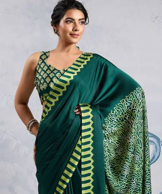 Dark green satin poly silk printed bollywood-sarees 2
