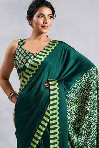 Dark green satin poly silk printed bollywood-sarees