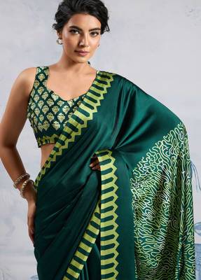 Dark green satin poly silk printed bollywood-sarees 4