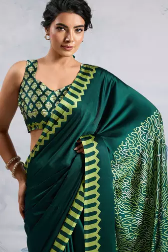 Dark green satin poly silk printed bollywood-sarees