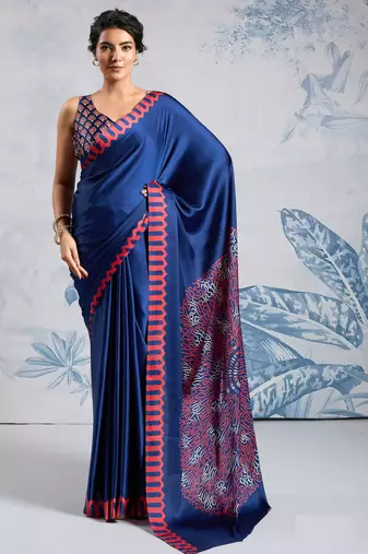 Navy blue satin poly silk printed bollywood-sarees