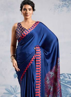 Navy blue satin poly silk printed bollywood-sarees 2