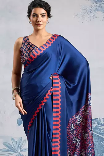 Navy blue satin poly silk printed bollywood-sarees
