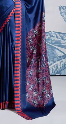 Navy blue satin poly silk printed bollywood-sarees 3