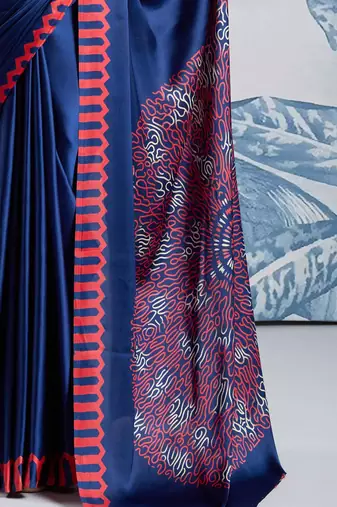 Navy blue satin poly silk printed bollywood-sarees